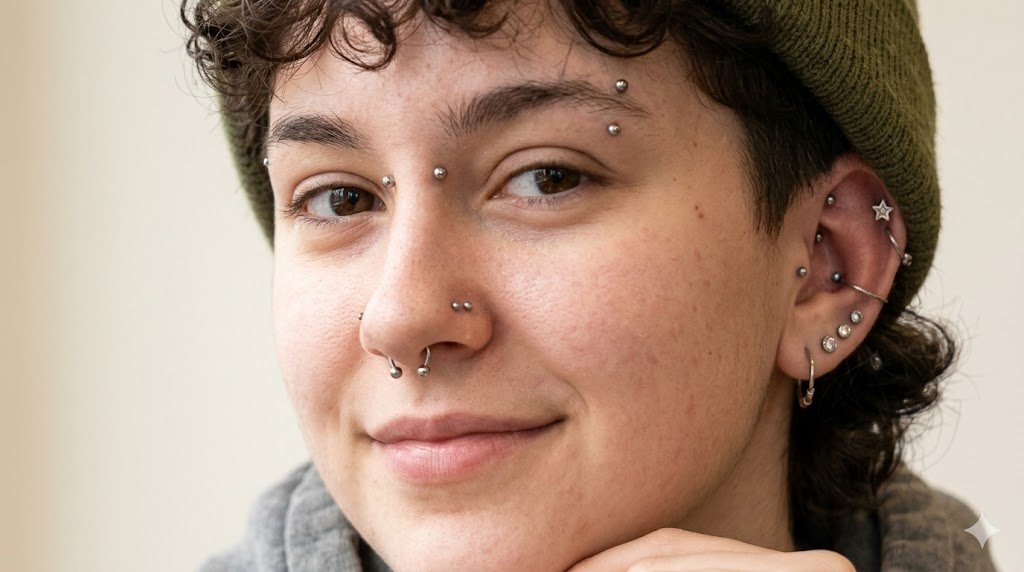 Young person confidently showing healed facial and cartilage piercings