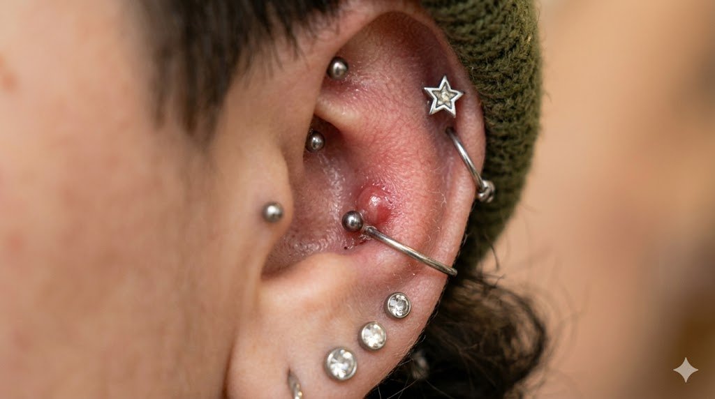 Close-up of irritated piercing bump