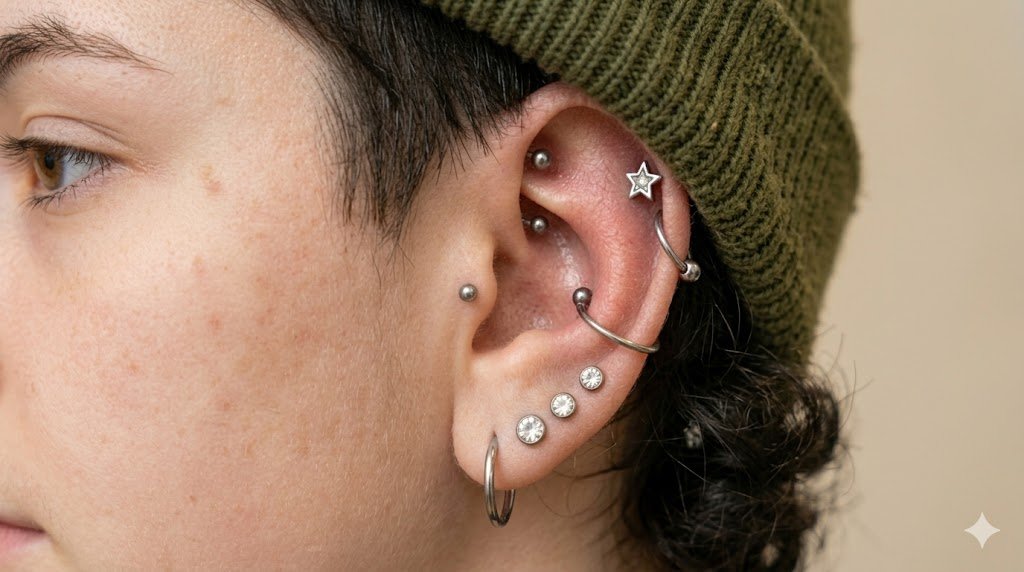 Young person with healed, clear piercings